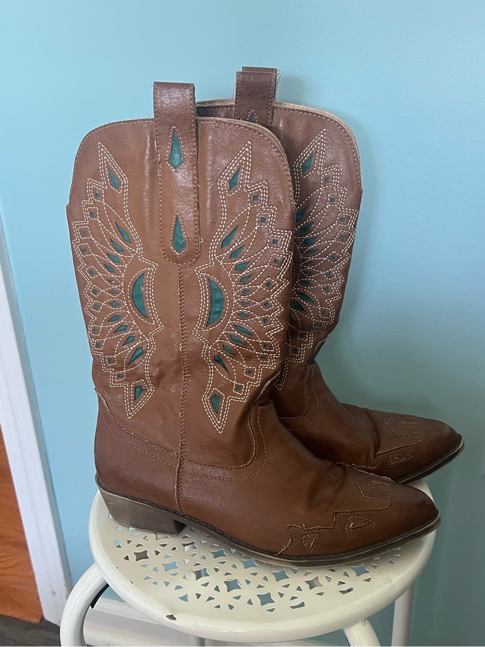 Coconuts Preloved Brown and Turquoise Western Cowboy Boots